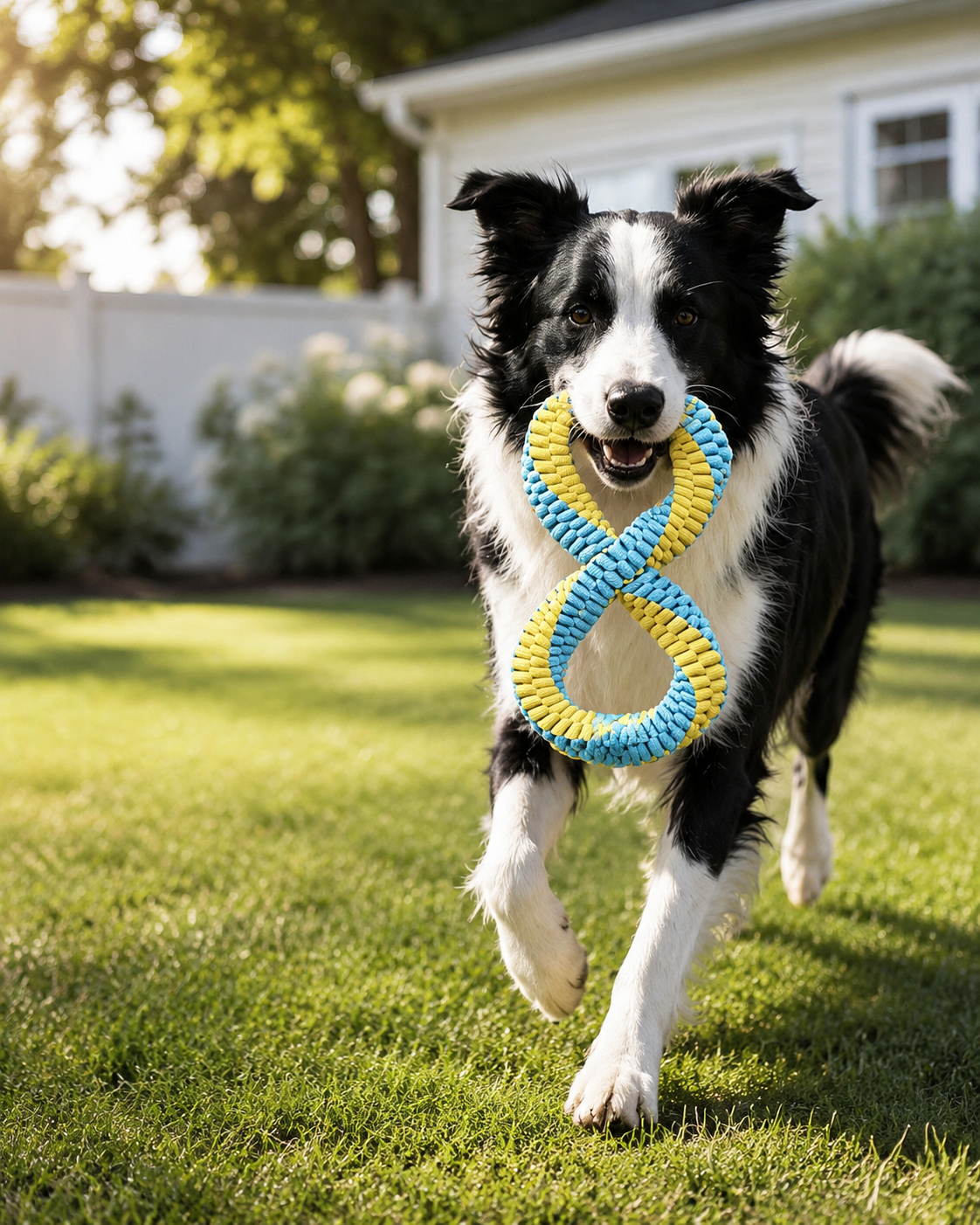 Dog carrying a yellow and blue figure-eight dental tug toy in a backyard