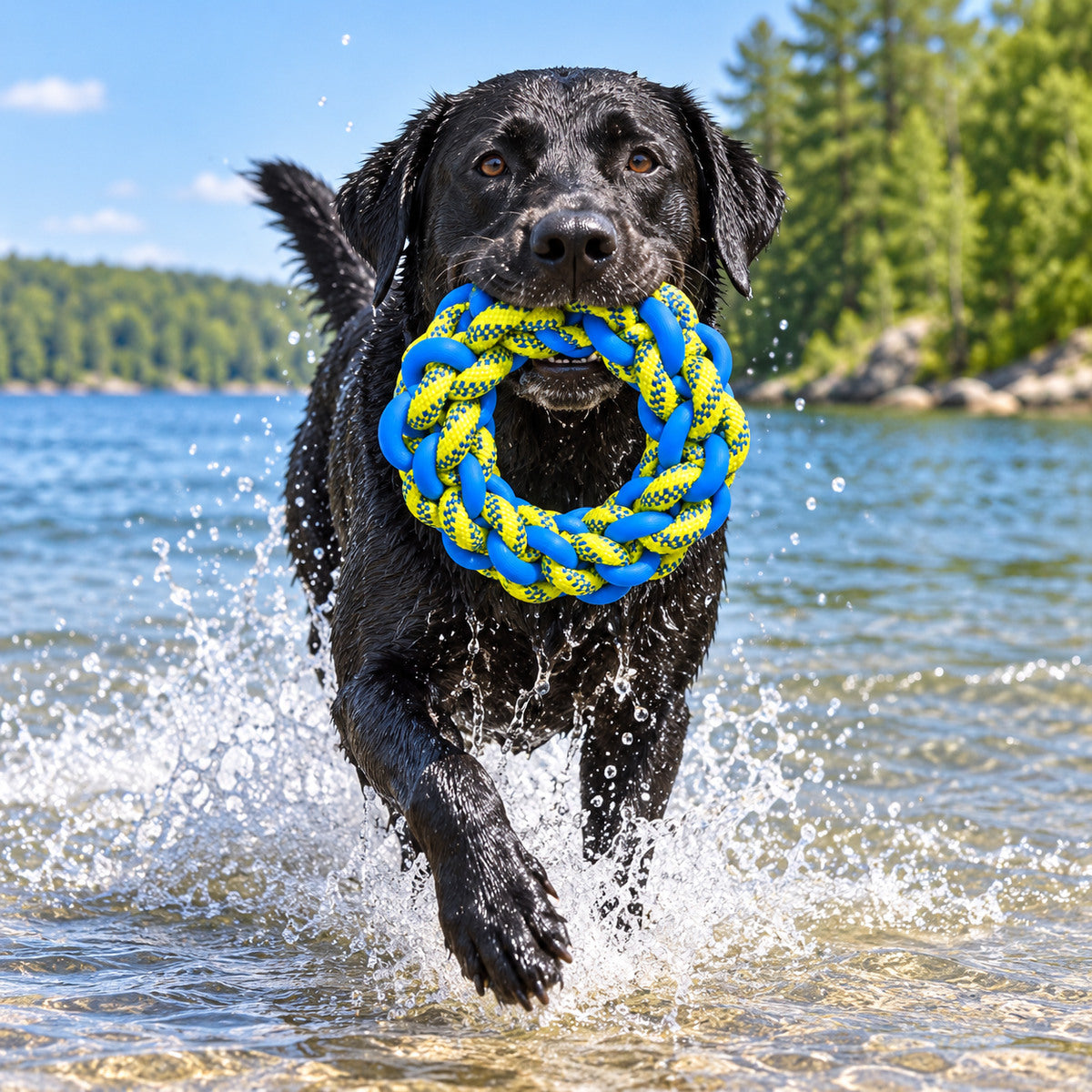 Dog carrying a yellow and blue figure-eight dental tug toy in a backyard