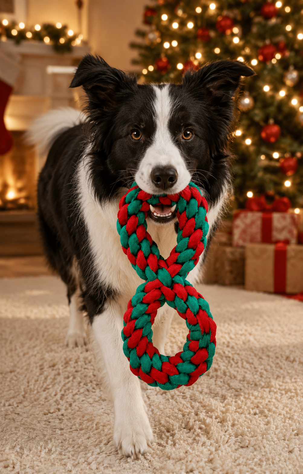Dog carrying a yellow and blue figure-eight dental tug toy in a backyard