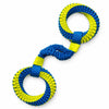 Nordsprite ToothWeave double-ring tug toy in blue and yellow, shown on a white background.