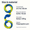 Double-ring tug toy specifications: approximately 21.7 in long, 5.9 in ring diameter and 9.8 oz; polypropylene yarn.